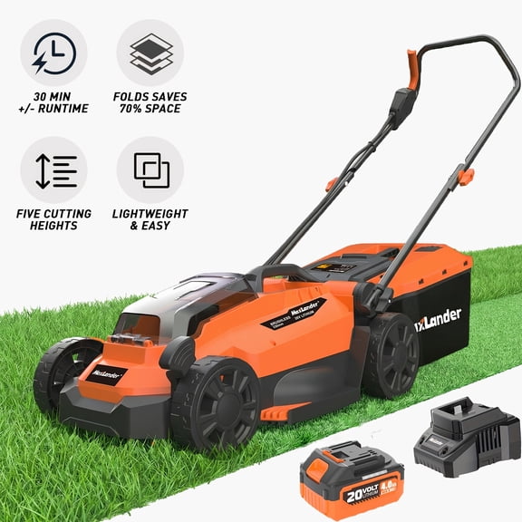 13-Inch Cordless Lawn Mowers, 20V Electric Grass Cutter, 5-Position Height Adjustment, 2-In-1 Battery Powered Lawn Mower With Brushless Motor, 4.0Ah Battery And Cha