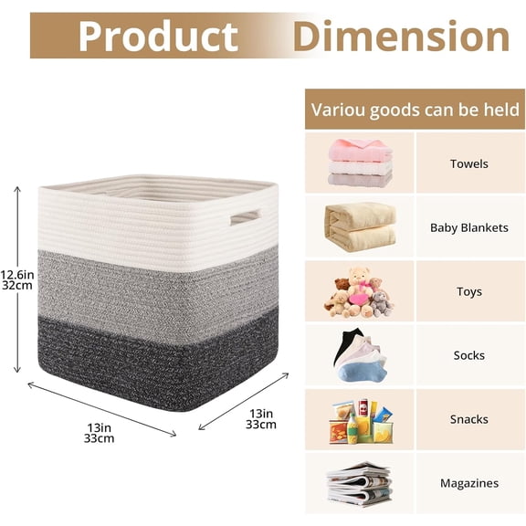 13 Inch Cube Storage Bins, 3-Pack Cotton Rope Woven Baskets for Organizing, Kallax Insert Storage Baskets for Shelves, Baby Nursery, Closet Organizer, 13*13*12.6IN, Gradient Gray