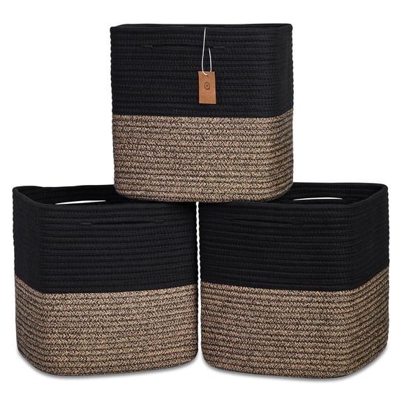 13 Inch Cube Storage Bins Cotton Rope Woven Baskets For Organizing 3-pack | 13 X 13 Cubes Fabric Square Shelves Organizer Closet