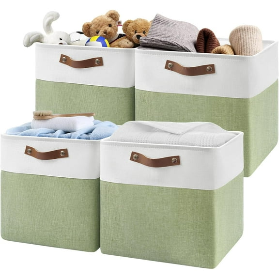 13 Inch Cube Storage Bins,Set of 4 , Foldable Storage Basket with PU Handles for Organizing Home, Closet, Clothes, Toy, Book, Laundry,Office, Organizers for Shelves(White&Green)