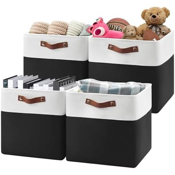 13 Inch Cube Storage Bins,Set of 4, Foldable Storage Basket with PU Handles for Organizing Home, Closet, Laundry, Office, Organizers for Shelves(White/Black)