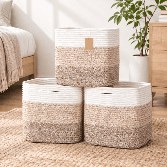 13 Inch Cube Storbinston Rope Woven Baskets For Organizing 3-pack | 13 X 13 Cubes Fabric Square Shelves Organizer Closet