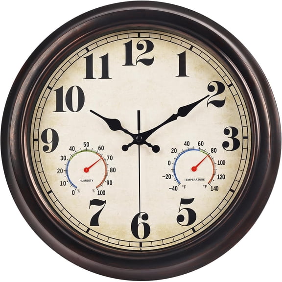 13 Inch Dark Brown Vintage Waterproof Indoor/Outdoor Wall Clock with Thermometer & Hygrometer Large Silent Numerals & Accurate Timekeeping for Living Room, Porch&Garden&Pool