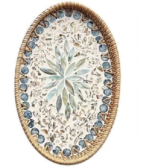 13 Inch Decor Tray for Coffee Table Mother of Pearl Inlay Serving Tray for Ottoman Wicker Centerpiece Decorative Tray for Candle Holder, Flower, Fruit, Bread (Medium)