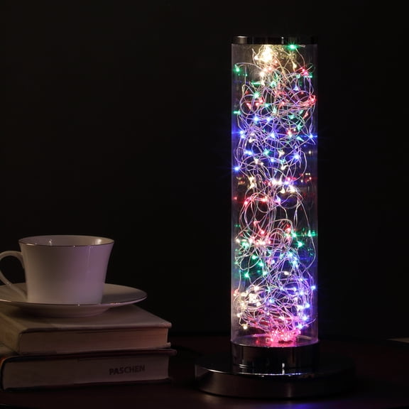 13-Inch Exposed Multi-Colored Rope LED Column Table Lamp with Silver Metal Base for Desk Bedroom Home Decor, Silver