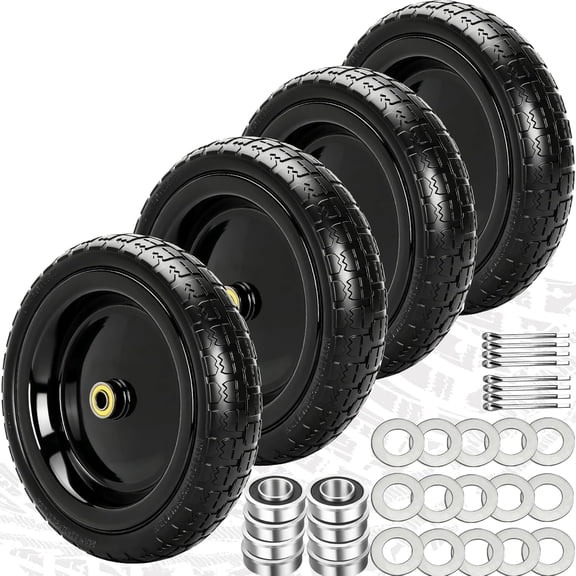 13 Inch Flat-Free Replacement Wheels for Garden Carts and Hand Trucks 4.00-6 Solid Tires with 5/8 Inch Bearings, Black Steel Rim and Polyurethane Tread, 4 Pack