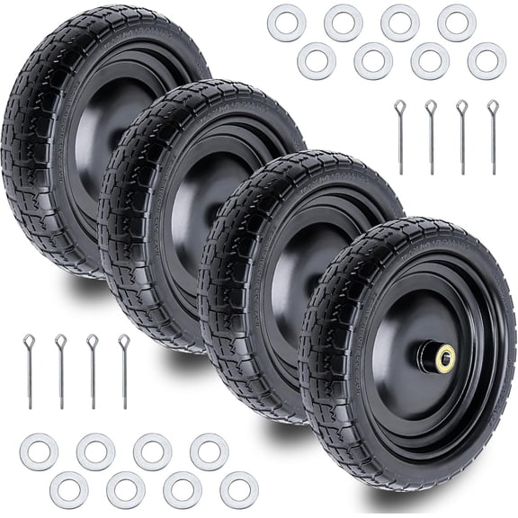 13 Inch Flat-Free Solid Polyurethane Replacement Wheels for Garden Carts Wheelbarrows Trolleys Hand Trucks and Yard Trailers with 5/8 Inch Bearings and 2.1 Inch Offset Hub 4 Pack