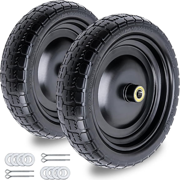 13 Inch Flat-Free Solid Rubber Wheels with 3/4 Inch Bearings and 2.1 Inch Offset Hub for Garden Carts Wheelbarrows Trolleys Hand Trucks and Yard Trailers 2 Pack