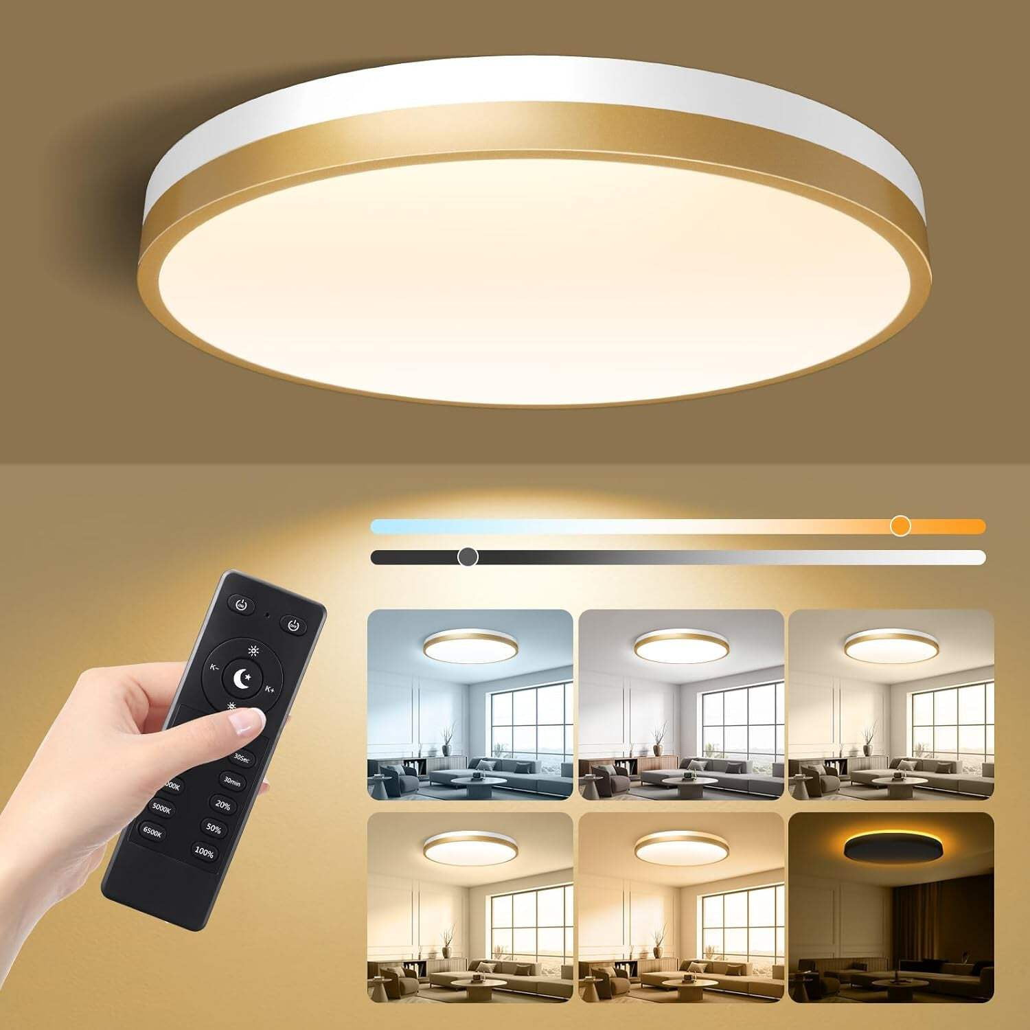 13-Inch White Gold LED Flush Mount Ceiling Light with Remote