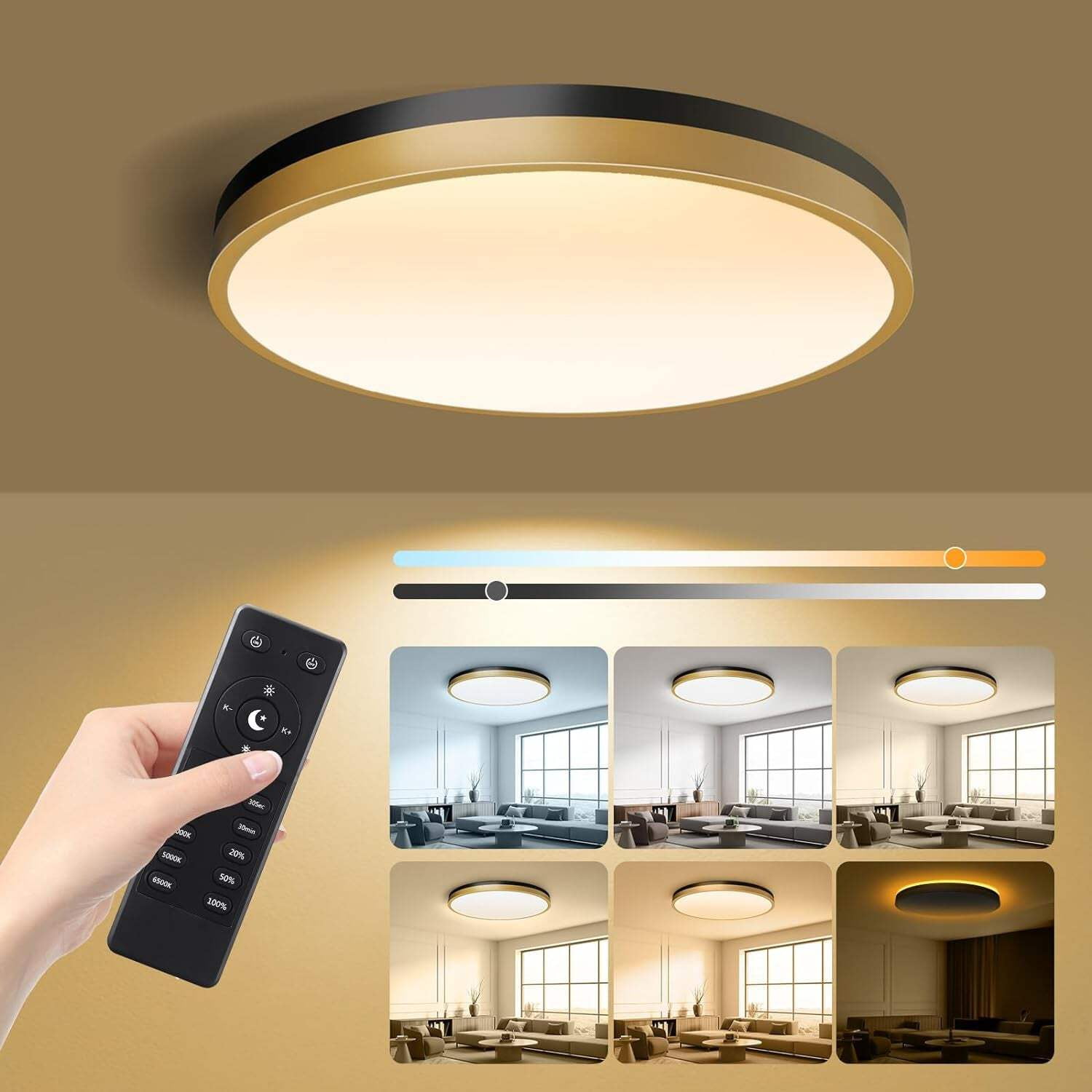 13-Inch White Gold LED Flush Mount Ceiling Light with Remote