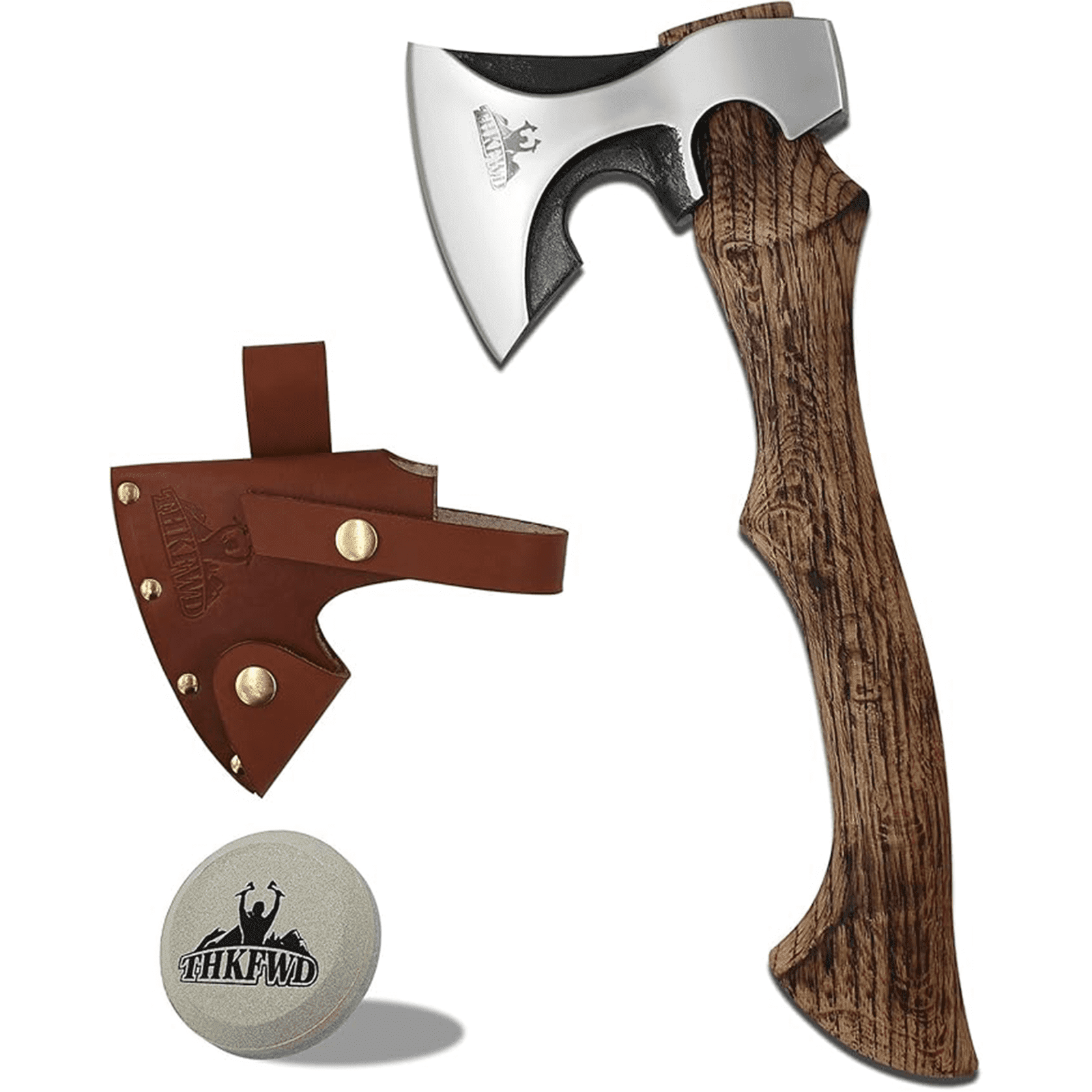 THKFWD 13.8" Forged Carbon Steel Camping Axe with Leather Sheath, Hatchet for Wood Splitting and Survival