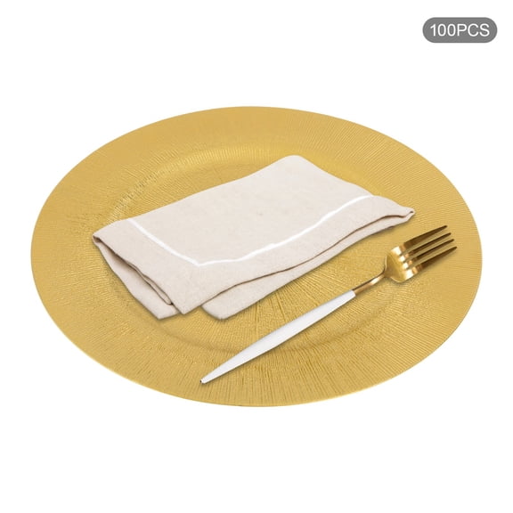 13 Inch Gold Charger Plates Bulk 100 Pcs Round Charger Plates with Diffusion Line Pattern Reusable Plastic Plate Chargers for Wedding Party Baby Shower (Gold)