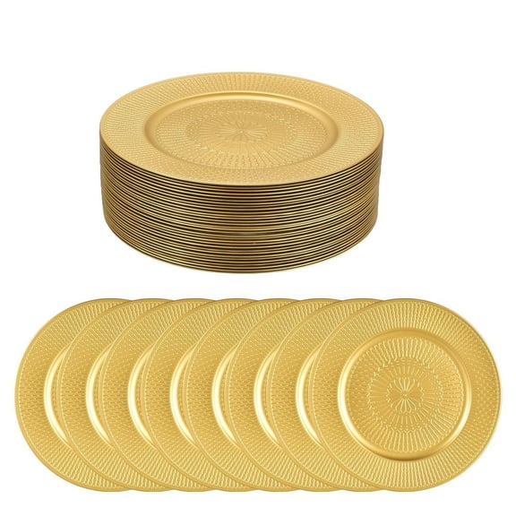 13 Inch Gold Charger Plates Set of 100, Decorative Floral Plastic Plates, Bulk Chargers for Thanksgiving Christmas Holiday Events(A)