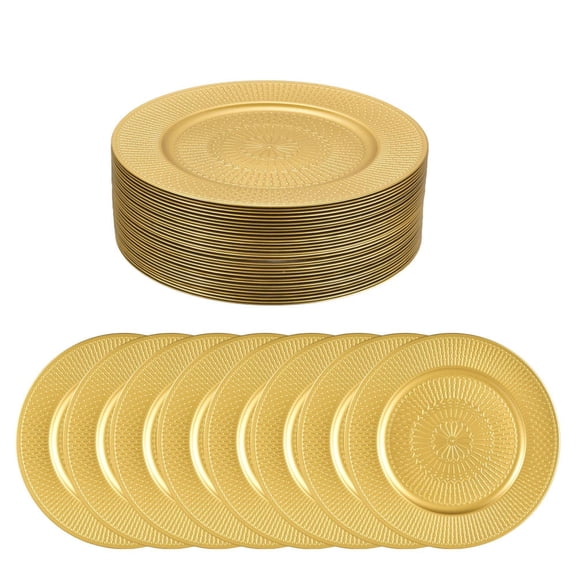 13 Inch Gold Charger Plates Set of 100, Decorative Floral Plastic Plates, Bulk Chargers for Thanksgiving Christmas Holiday Events(A)