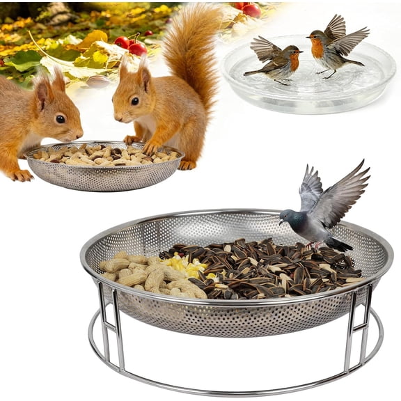 13-Inch Ground Bird Feeder and Bath Combo Stainless Steel Feeding Platform for Birds & Squirrels with Dual Birdseed Mesh Trays Birdbath Attracting Creatures to Backyard Patio