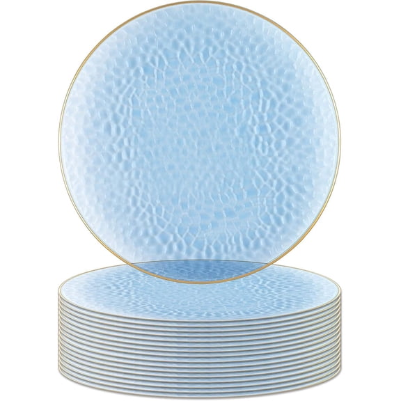 13-Inch Hammered Blue Gold Rim Disposable Charger Plates, 16-Pack, BPA-Free, Formal Round Plastic Chargers for Weddings and Events