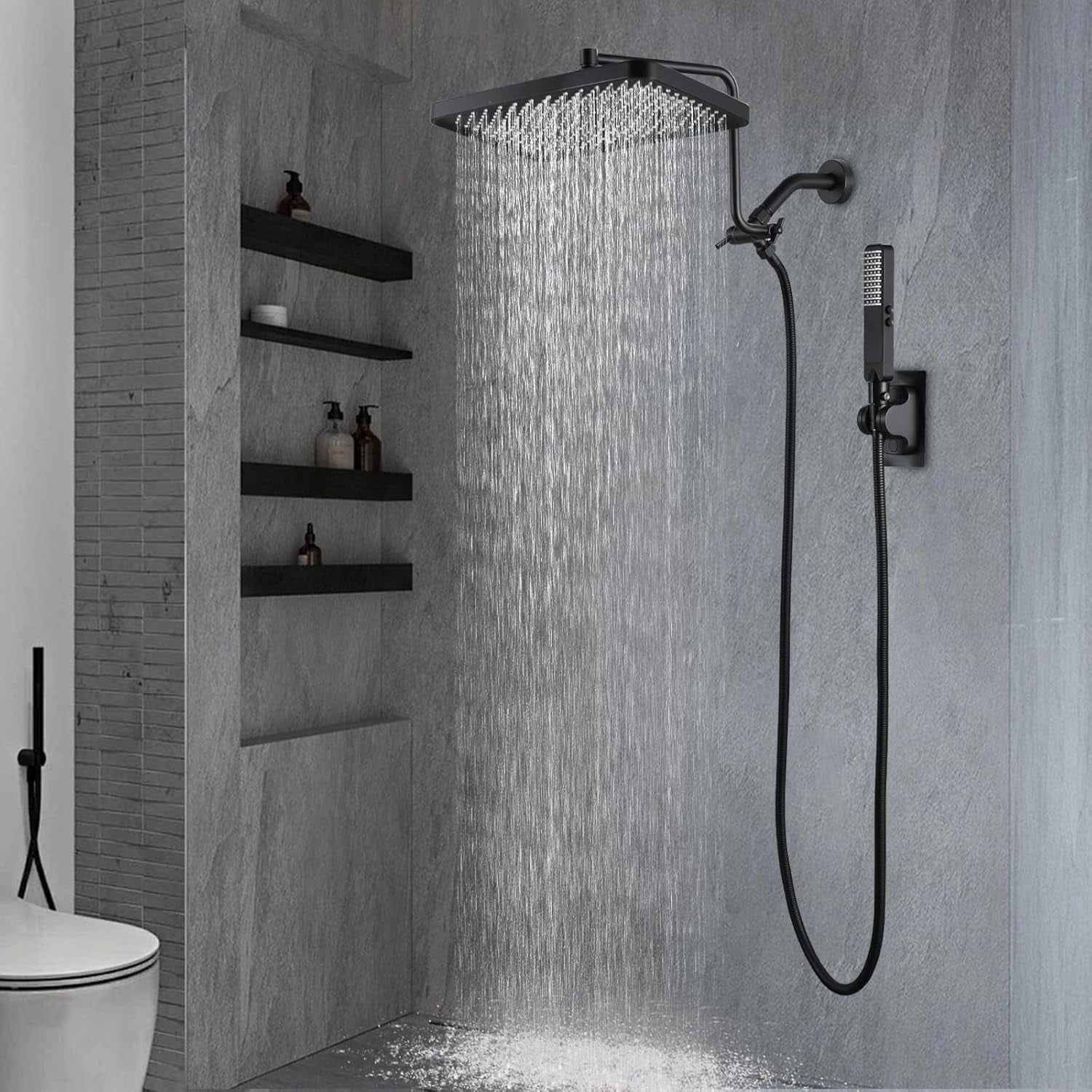 13 Inch High Pressure Rain Shower  with Handheld Spray Combo, Dual Rainfall Shower Heads, Waterfall Tandem Double Showerhead, Adjustable Extension Arm, Massage Handheld Shower - Matte Black