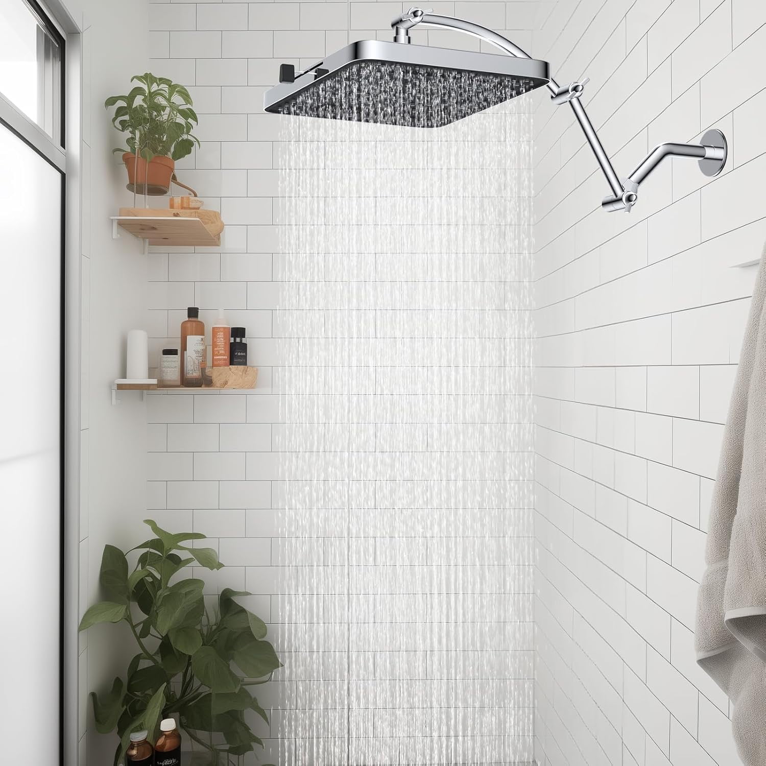 13 Inch High Pressure Rain Shower Head with 16 Inch Extension Arm, 5 Spray Modes Square Fixed Showerhead Chrome