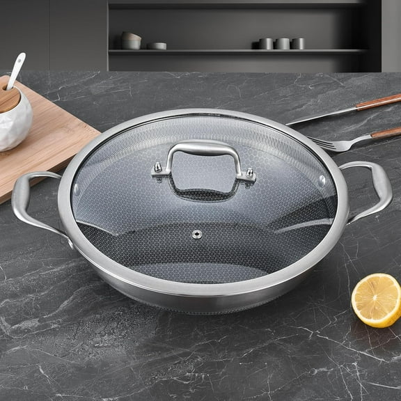 13 Inch Hybrid Tri-Ply Stainless Steel Wok Pan with Lid, Ceramic Non Stick Stir-Fry Pans, Induction Cooking Pot, Dishwasher and Oven Safe