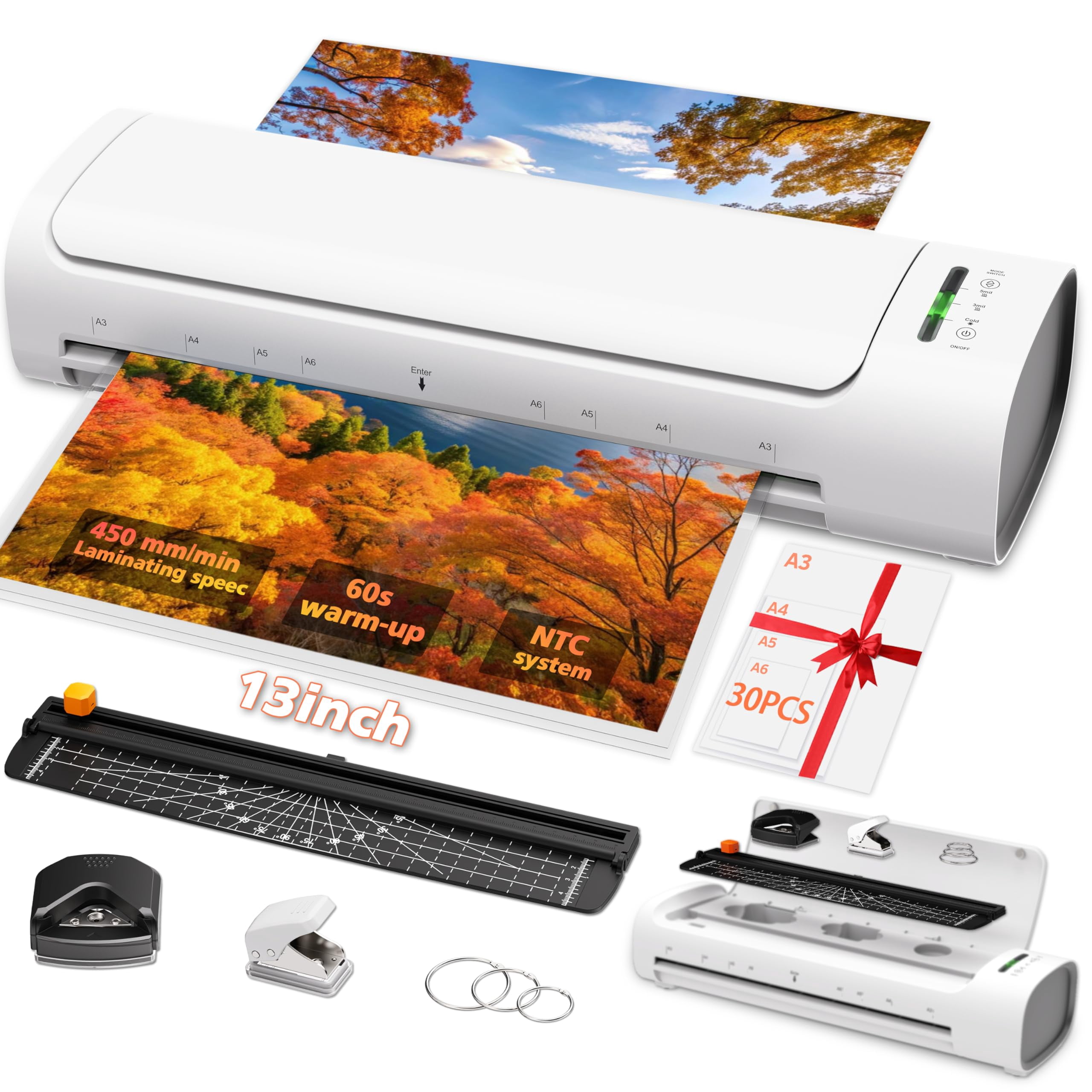 13 Inch Laminator Machine with 30 Laminating Sheets, A3 11-in-1 Hot & Cold Thermal Laminator for Teachers, 60S Fast Warm-Up, 450mm/min, Never-Jam Design Laminate Machine for Home, Office, School