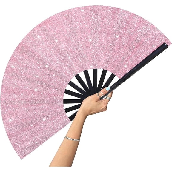 13 Inch Large Folding Fan-Hand Fan Popping Fan for Line Dancing Clacking Fans for Boots On The Ground Dance,Party,Outdoor,Decoration (Pink Glitter)