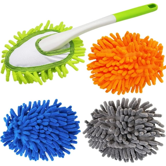 13 Inch Microfiber Feather Duster,with 4 pcs Washable Duster Head, Car Duster, Perfect for Cleaning Windows, Tables, Cars,Furniture, Walls, Fans, Screens