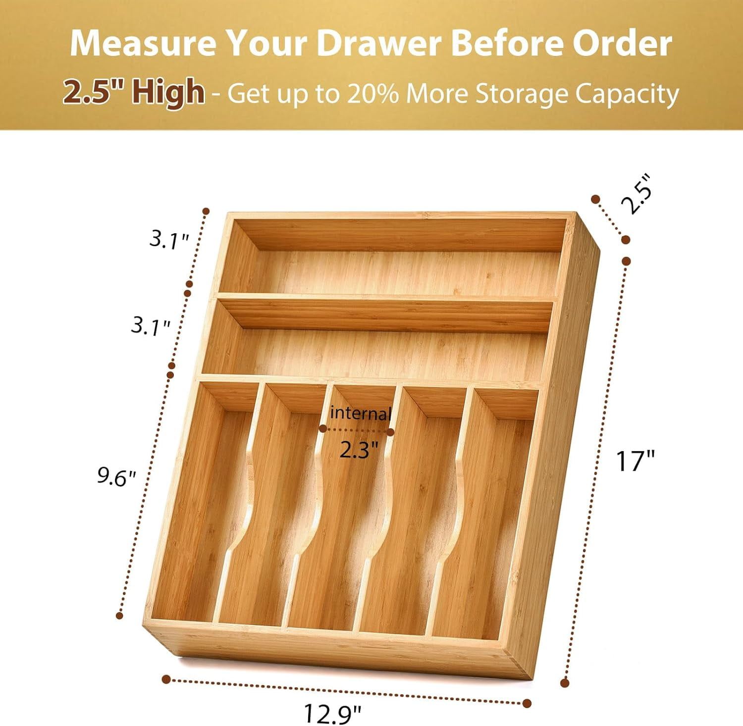 13 Inch Natural Bamboo Kitchen Drawer Organizer - 7-Slot Extra Deep Grooved Utensil Tray for Flatware, Knives, Forks & Spoons