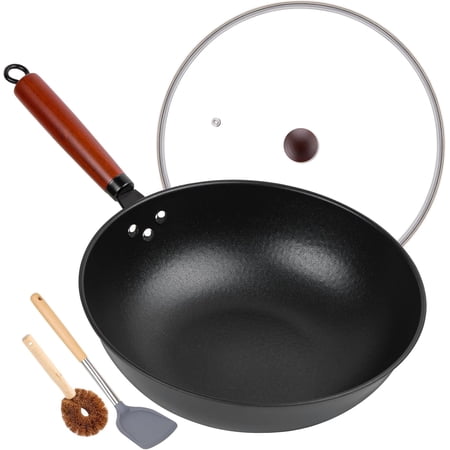 13 Inch Nonstick Carbon Steel Wok with Glass Lid Flat Bottom for All Stovetops