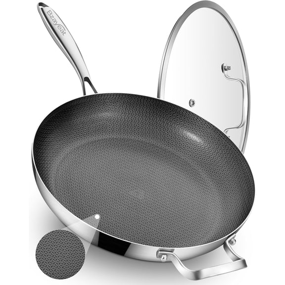 13 Inch Nonstick Hybrid Frying Pan with Lid Ceramic Coated Tri-Ply Stainless Steel Induction Chef's Skillet Oven and Dishwasher Safe