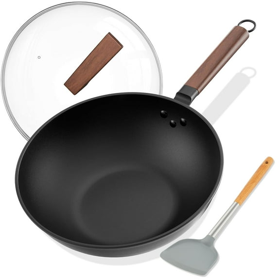 Carbon Steel Wok Pan, 13 Inch Nonstick Wok with Glass Lid & and Silicone Spatula, Flat Bottom Woks & Stir-Fry Pans No Chemical Coated Wok