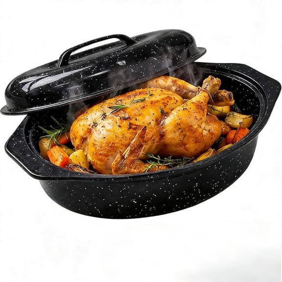 13-inch Oval Roaster with Lid,Enameled Steel,7lb Poultry Capacity,Small Size Cooking Roasting Pan,Black