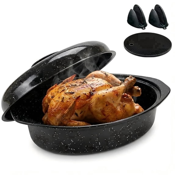13-inch Oval Roaster with Lid,Enameled Steel,7lb Poultry Capacity,Small Size Cooking Roasting Pan,Black