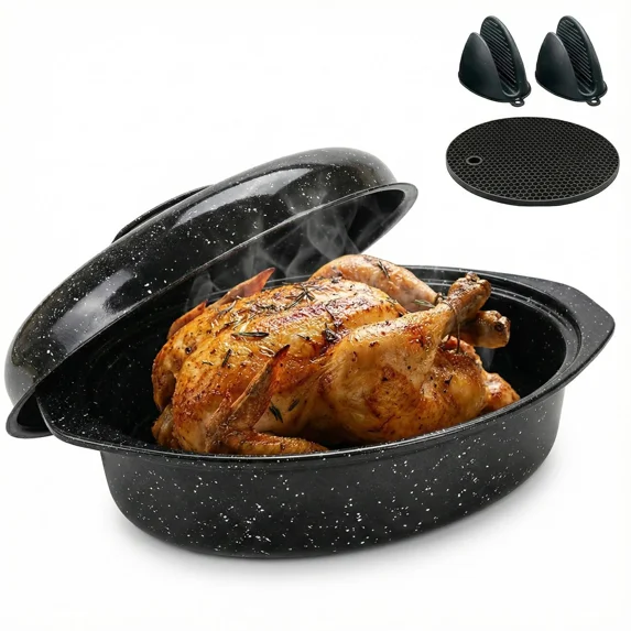 13-Inch Oval Roaster with Lid, Enameled Steel, 7 LB Poultry Capacity, 932°F Heat Resistant, Dishwasher Safe, Black