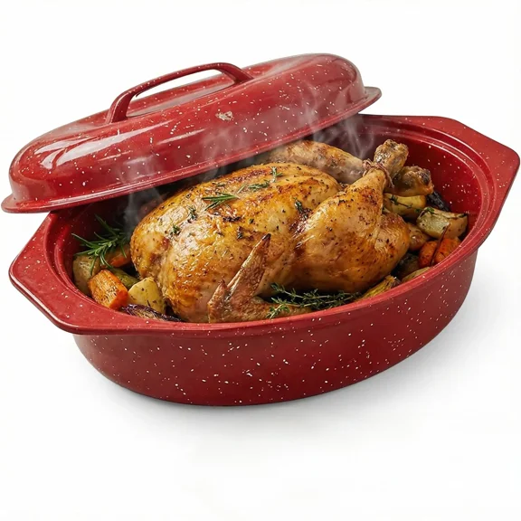 13-Inch Oval Roaster with Lid, Enameled Steel, 7 LB Poultry Capacity, 932°F Heat Resistant, Dishwasher Safe, Red