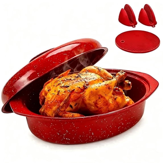 13 inch Oval Roaster With Lid, Enameled Steel, 7 lb Poultry Capacity, Red, 932°F Heat Resistant, Dishwasher Safe