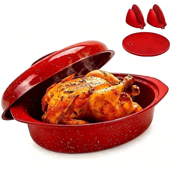 13 inch Oval Roaster With Lid, Enameled Steel, 7 lb Poultry Capacity, Red, 932°F Heat Resistant, Dishwasher Safe