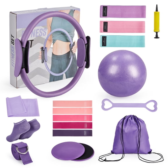 13-Inch Pilates Ring Kit for Home Workouts – Magic Circle, Mini Exercise Ball & Resistance Bands – Full Body Pilates Equipment Set for Women – Home Fitness, Core Training – Purple