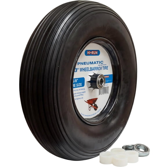 Hi-Run Ribbed 13" Pneumatic 4.00-6 2PR Wheelbarrow Tire Assembly with 5/8" Bushing Pre-Mounted