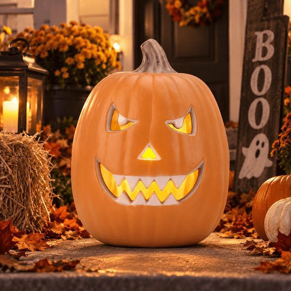StarQualityBargain 13 Inch Lighted Halloween Pumpkin Lantern, Plug-In LED Scary Face Jack O' Lantern with Bottom Drainage for Porch Yard, Orange