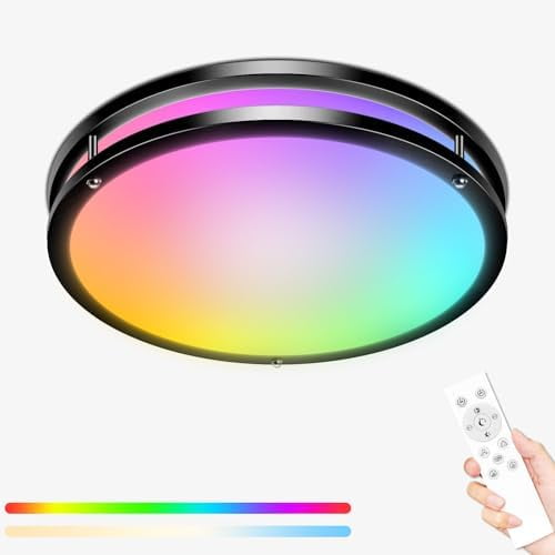 13 Inch RGB Flush Mount Ceiling Lights with Remote, 24W 3000K-6500K&Dimmable, LED Light Fixture with Nightlight and Timer for Bedroom Livingroom Bathroom-Black$$Tools & Hardware Other