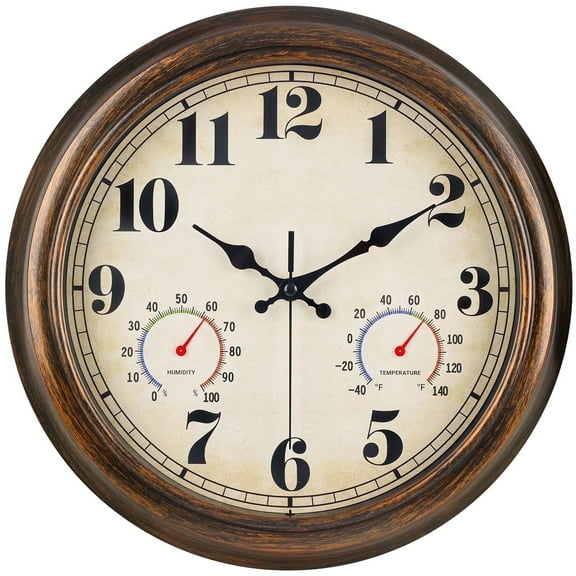 13 Inch Retro Wall Clock,Indoor and Outdoor,Quartz,Analog,Waterproof,Thermometer,Bronze