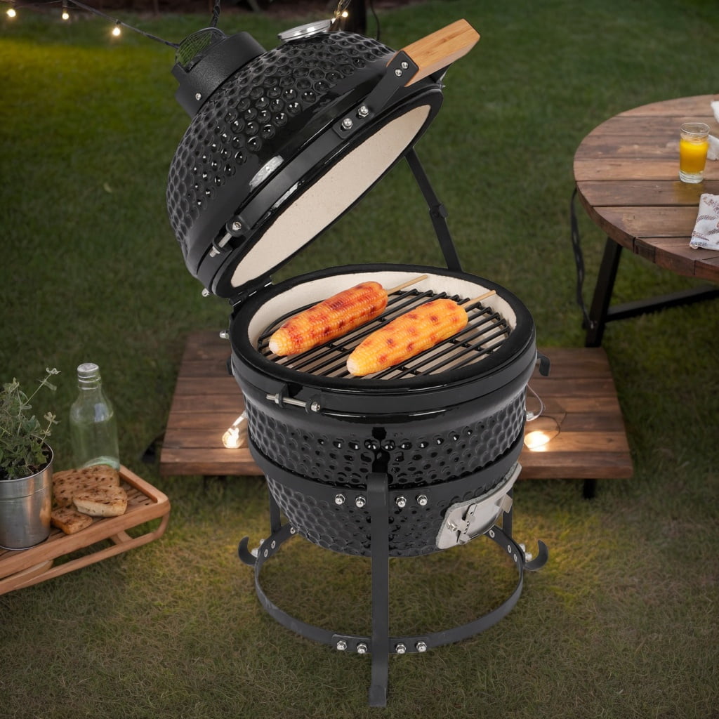 13 Inch Round Ceramic Charcoal Grill, Heavy Duty BBQ Smoker for Outdoor Use, Black