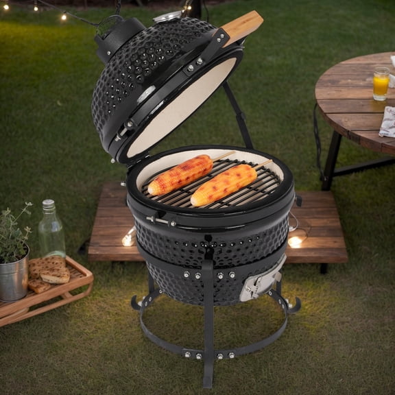 13 Inch Round Ceramic Charcoal Grill, Heavy Duty BBQ Smoker for Outdoor Use, Black