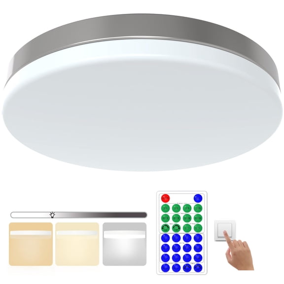 13 Inch Round LED Flush Mount Ceiling Light Fixture with Night Light and Timer, Remote, 30W 3000lm, CCT, IP4X, 100LM/W 120V, Dimmable LED Ceiling Lights for Bedroom Dining Room Kitchen Hallway Silver