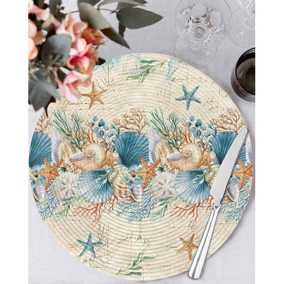 13 Inch Round Placemats Set of 4, Beach Coastal Beige Non Slip Heat Insulation PP Table Mats, Nautical Shell Starfish Coral Summer Washable Place Mats for Kitchen Dining Party Table Decor