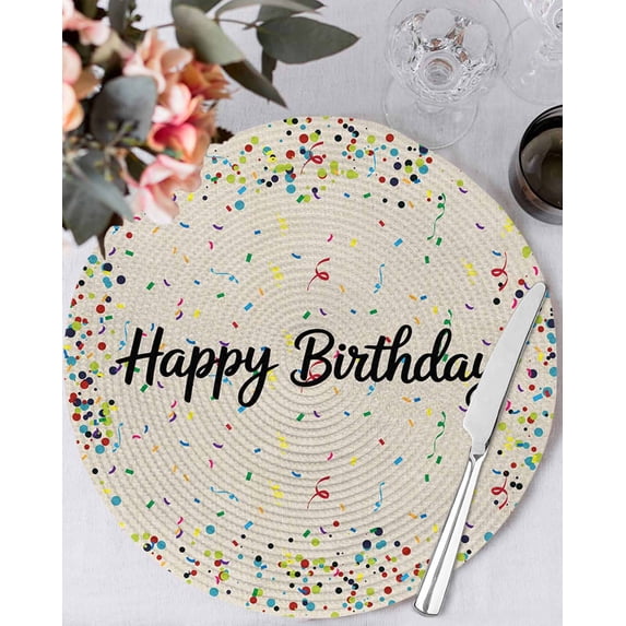 13 Inch Round Placemats Set of 4, Beige Birthday Non Slip Heat Insulation PP Table Mats, Colorful Confetti Ribbons Polka Dots Classroom Washable Place Mats for Kitchen Dining Party Table Decor