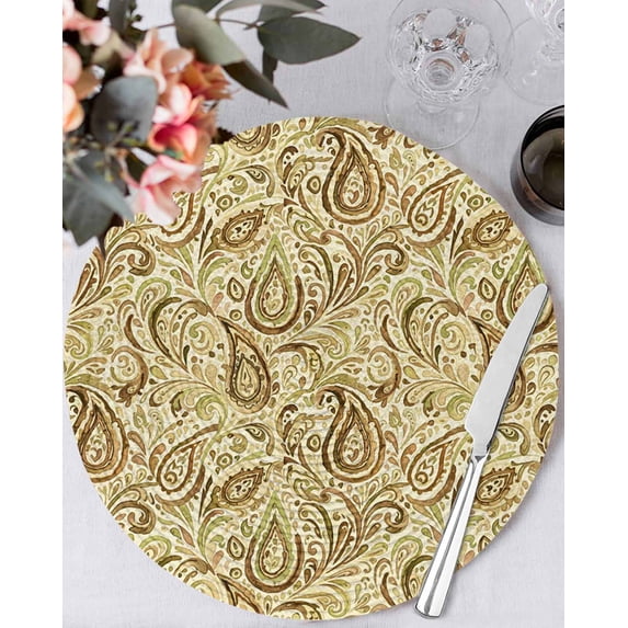 13 Inch Round Placemats Set of 4, Beige Brown Green Non Slip Heat Insulation PP Table Mats, Retro Botanical Abstract Art Washable Place Mats for Kitchen Dining Party Table Decor