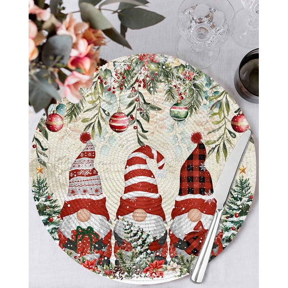 13 Inch Round Placemats Set of 4, Beige Christmas Non Slip Heat Insulation PP Table Mats, Gnomes Xmas Tree Poinsettia Eucalyptus Washable Place Mats for Kitchen Dining Party Table Decor