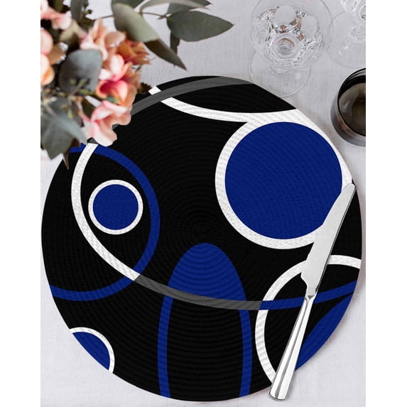 13 Inch Round Placemats Set of 4, Black Blue Non Slip Heat Insulation PP Table Mats, White Circle Geometric Abstract Texture Washable Place Mats for Kitchen Dining Party Table Decor