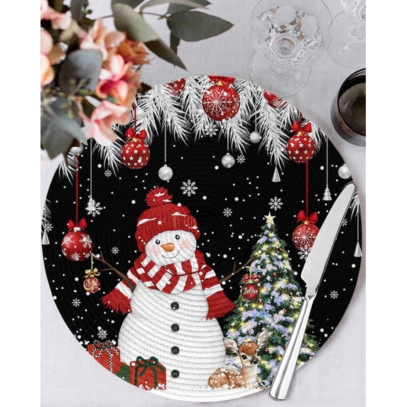 13 Inch Round Placemats Set of 4, Black Christmas Non Slip Heat Insulation PP Table Mats, Snowman Xmas Balls Pine Needle Tree Washable Place Mats for Kitchen Dining Party Table Decor